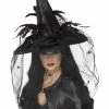 Smiffys USA Black Witch Hat With Feathers And Veil