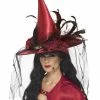 Smiffys USA Hats & Headpieces Witch Hat In Red With Veil And Feathers