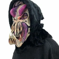 Zagone Studios Predator Purple, Fanged Monster Latex Face Mask With Attached Silver Lined Hood Masks
